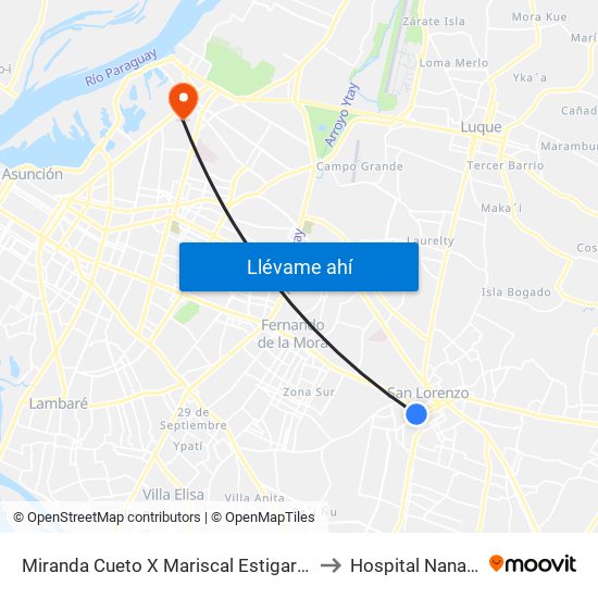 Miranda Cueto X Mariscal Estigarribia to Hospital Nanawa map
