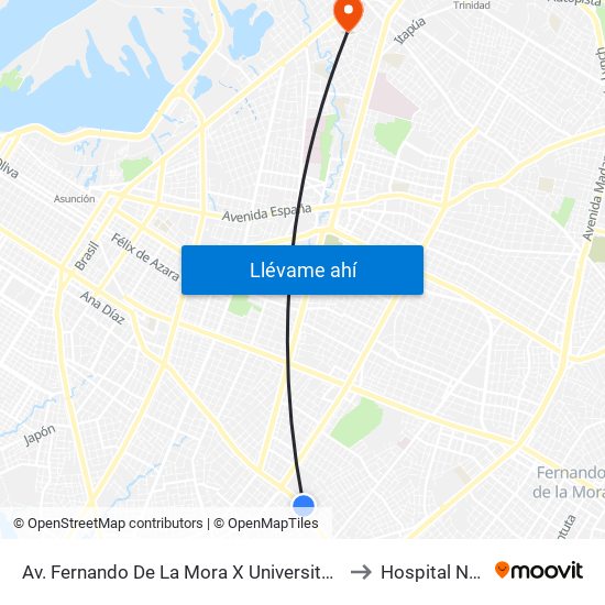 Av. Fernando De La Mora X Universitarios Del Chaco to Hospital Nanawa map