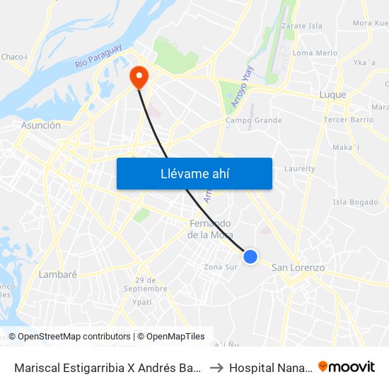 Mariscal Estigarribia X Andrés Barbero to Hospital Nanawa map