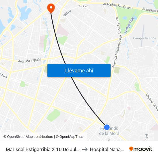 Mariscal Estigarribia X 10 De Julio to Hospital Nanawa map