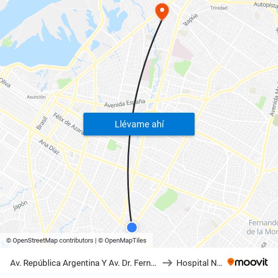 Av. República Argentina Y Av. Dr. Fernando De La Mora to Hospital Nanawa map
