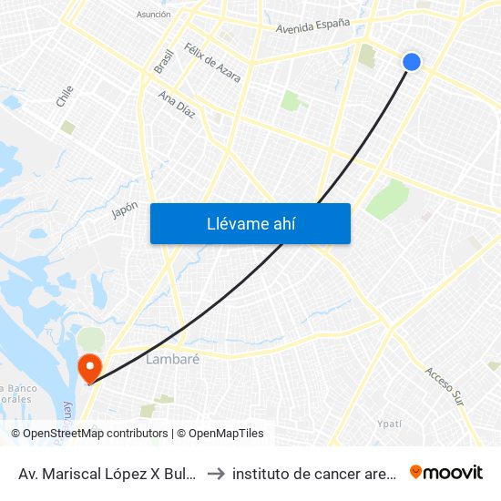 Av. Mariscal López X Bulnes to instituto de cancer aregua map