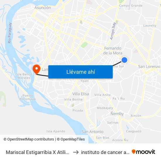 Mariscal Estigarribia X Atilio Galfre to instituto de cancer aregua map