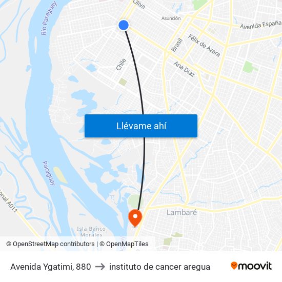 Avenida Ygatimi, 880 to instituto de cancer aregua map