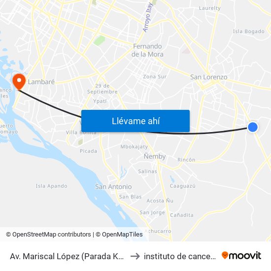 Av. Mariscal López (Parada Km. 17 (1/2)) to instituto de cancer aregua map