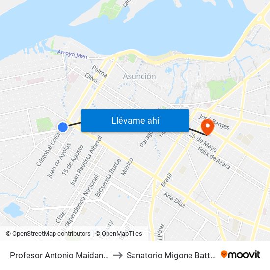 Profesor Antonio Maidana Campos, 1045 to Sanatorio Migone Battilana - Pediatría map