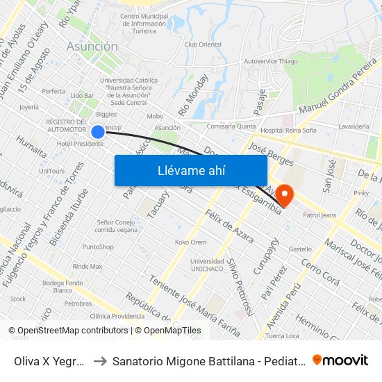 Oliva X Yegros to Sanatorio Migone Battilana - Pediatría map