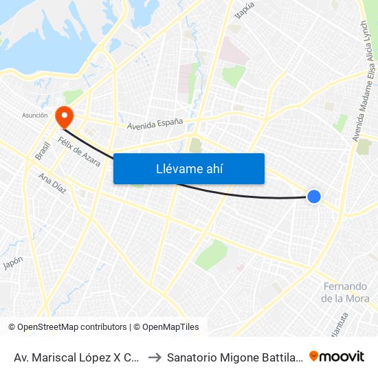 Av. Mariscal López X Capitán Bueno to Sanatorio Migone Battilana - Pediatría map
