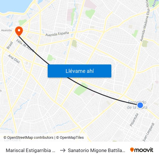 Mariscal Estigarribia X Boquerón to Sanatorio Migone Battilana - Pediatría map
