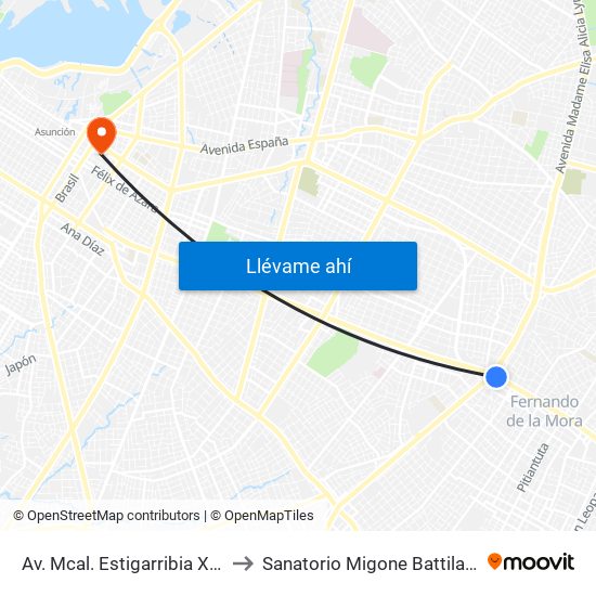 Av. Mcal. Estigarribia X 14 De Mayo to Sanatorio Migone Battilana - Pediatría map