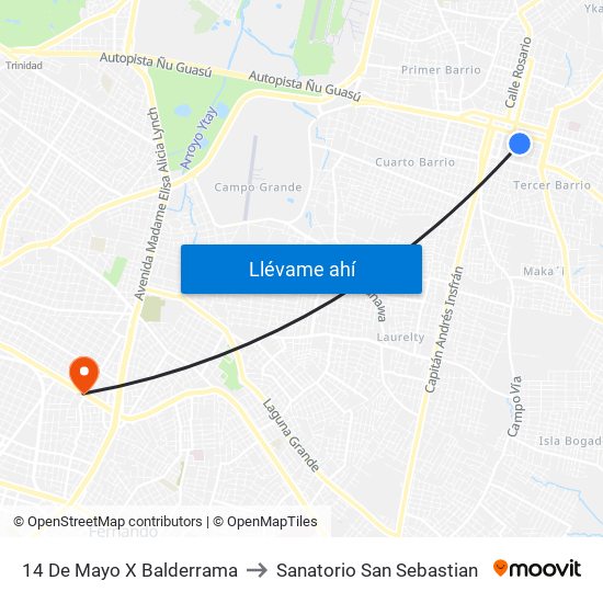 14 De Mayo X Balderrama to Sanatorio San Sebastian map