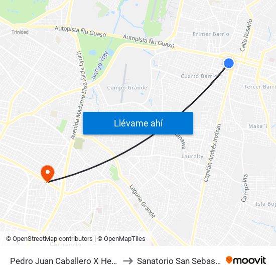 Pedro Juan Caballero X Herrera to Sanatorio San Sebastian map