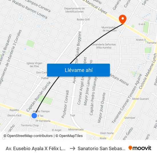 Av. Eusebio Ayala X Félix Lopéz to Sanatorio San Sebastian map