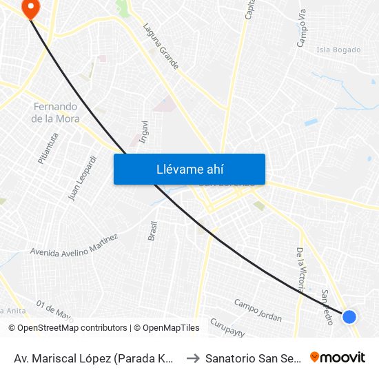 Av. Mariscal López (Parada Km. 17 (1/2)) to Sanatorio San Sebastian map