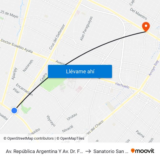 Av. República Argentina Y Av. Dr. Fernando De La Mora to Sanatorio San Sebastian map