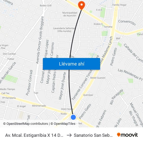 Av. Mcal. Estigarribia X 14 De Mayo to Sanatorio San Sebastian map