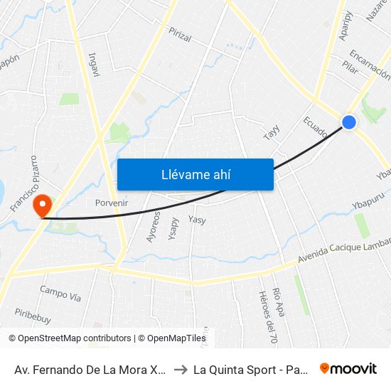 Av. Fernando De La Mora X Av. Argentina to La Quinta Sport - Padel & Futbol map