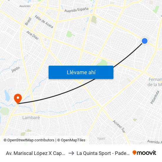 Av. Mariscal López X Capitán Bueno to La Quinta Sport - Padel & Futbol map
