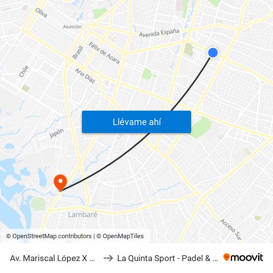 Av. Mariscal López X Bulnes to La Quinta Sport - Padel & Futbol map