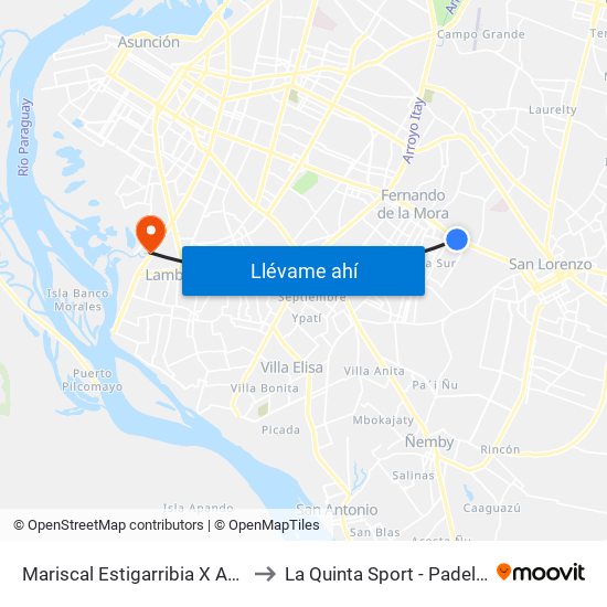 Mariscal Estigarribia X Atilio Galfre to La Quinta Sport - Padel & Futbol map