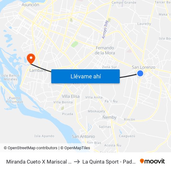 Miranda Cueto X Mariscal Estigarribia to La Quinta Sport - Padel & Futbol map