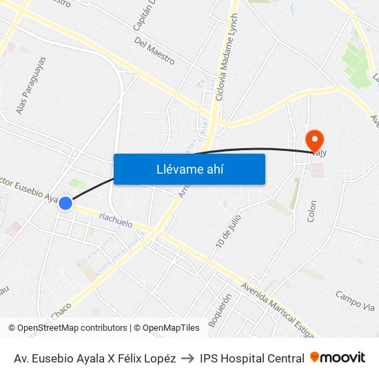 Av. Eusebio Ayala X Félix Lopéz to IPS Hospital Central map