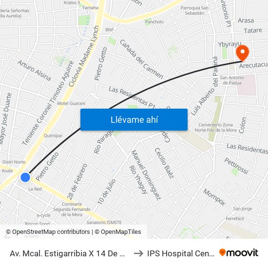 Av. Mcal. Estigarribia X 14 De Mayo to IPS Hospital Central map
