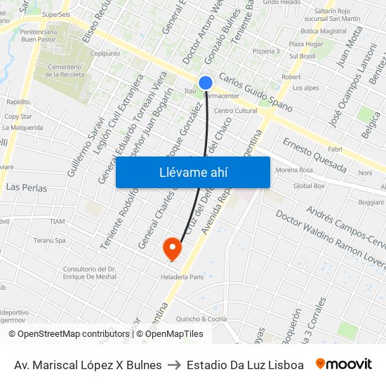 Av. Mariscal López X Bulnes to Estadio Da Luz Lisboa map