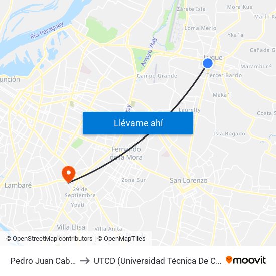 Pedro Juan Caballero X Herrera to UTCD (Universidad Técnica De Comercialización Y Desarrollo map