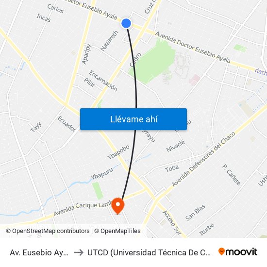 Av. Eusebio Ayala X Nazareth to UTCD (Universidad Técnica De Comercialización Y Desarrollo map