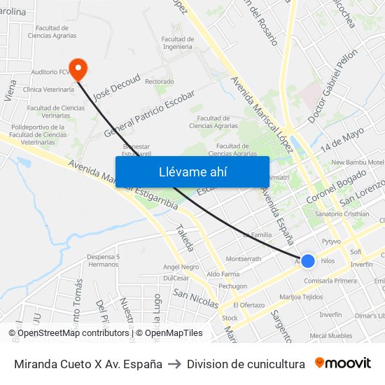 Miranda Cueto X Av. España to Division de cunicultura map