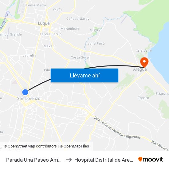 Parada Una Paseo Amelia to Hospital Distrital de Aregua map