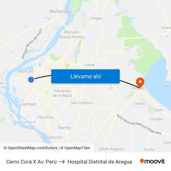 Cerro Corá X Av. Perú to Hospital Distrital de Aregua map