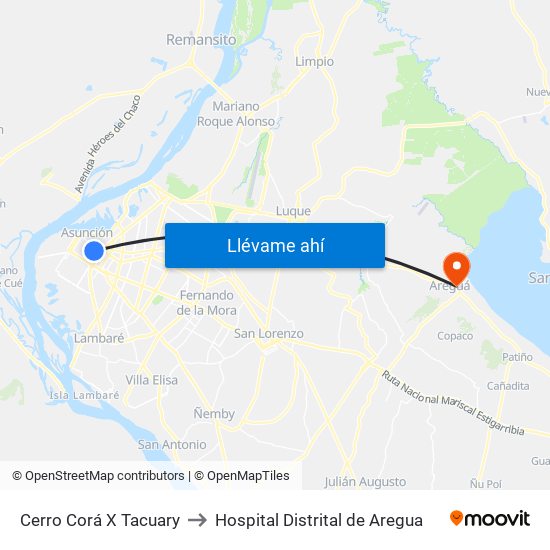 Cerro Corá X Tacuary to Hospital Distrital de Aregua map