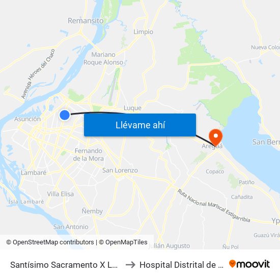 Santísimo Sacramento X Lombardo to Hospital Distrital de Aregua map