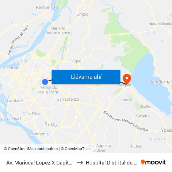 Av. Mariscal López X Capitán Bueno to Hospital Distrital de Aregua map
