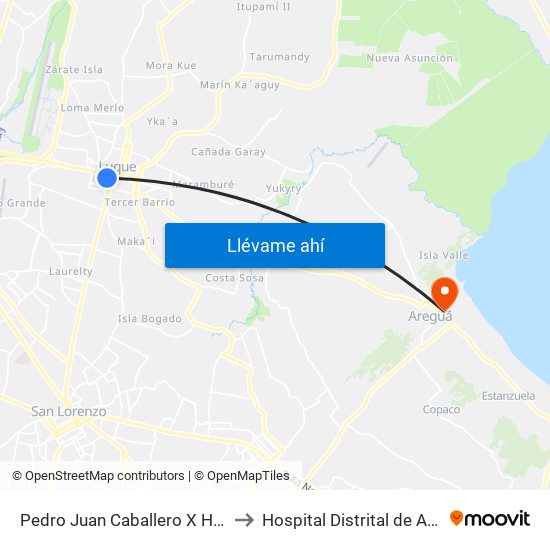 Pedro Juan Caballero X Herrera to Hospital Distrital de Aregua map