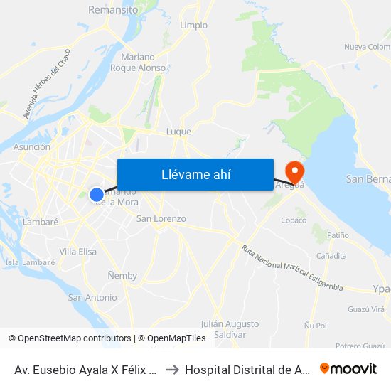 Av. Eusebio Ayala X Félix Lopéz to Hospital Distrital de Aregua map