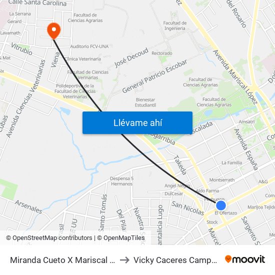 Miranda Cueto X Mariscal Estigarribia to Vicky Caceres Campo Sintético map