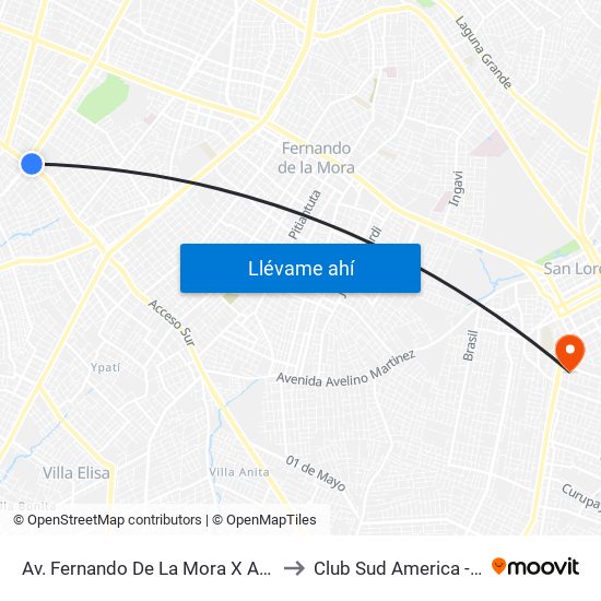 Av. Fernando De La Mora X Av. Argentina to Club Sud America - Itaugua map