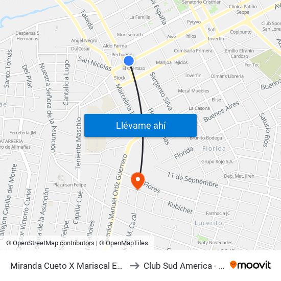 Miranda Cueto X Mariscal Estigarribia to Club Sud America - Itaugua map