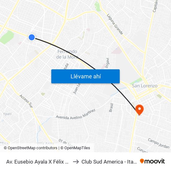 Av. Eusebio Ayala X Félix Lopéz to Club Sud America - Itaugua map