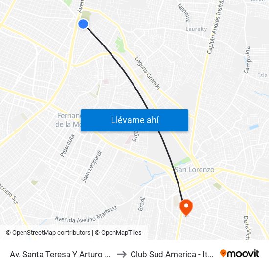 Av. Santa Teresa Y Arturo Pereira to Club Sud America - Itaugua map