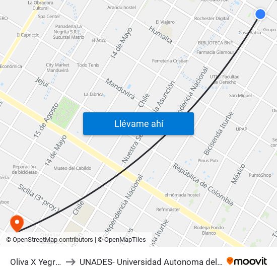 Oliva X Yegros to UNADES- Universidad Autonoma del Sol map