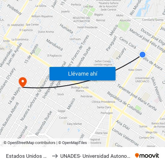 Estados Unidos X Azara to UNADES- Universidad Autonoma del Sol map