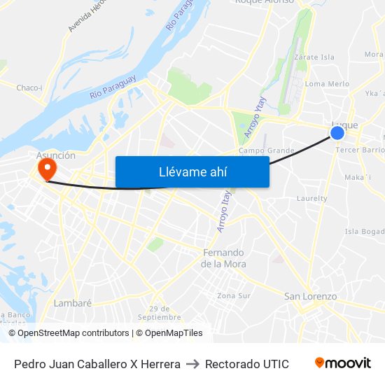 Pedro Juan Caballero X Herrera to Rectorado UTIC map