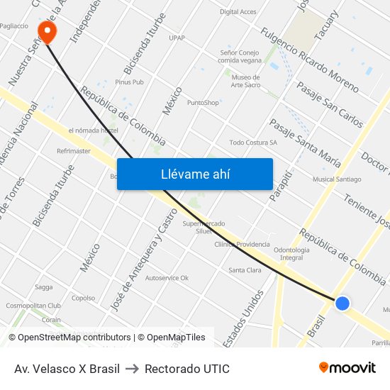 Av. Velasco X Brasil to Rectorado UTIC map