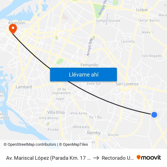 Av. Mariscal López (Parada Km. 17 (1/2)) to Rectorado UTIC map