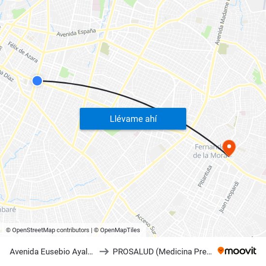 Avenida Eusebio Ayala, 995 to PROSALUD (Medicina Pre-Paga) map