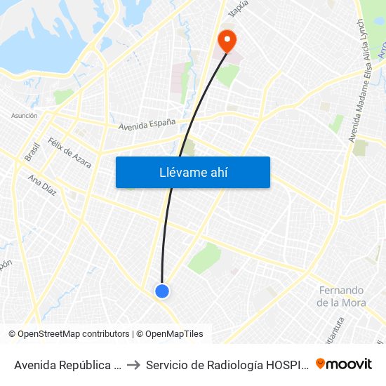 Avenida República Argentina, 3016 to Servicio de Radiología HOSPITAL CENTRAL DEL I.P.S. map